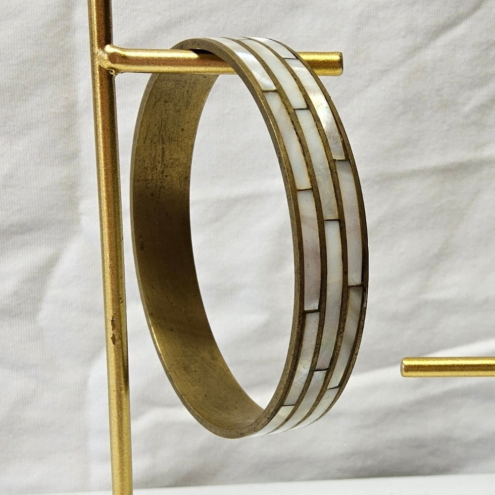 Vintage Brass‎ Bangle Bracelet Womens Gold Mother of Pearl Inlaid Mosaic